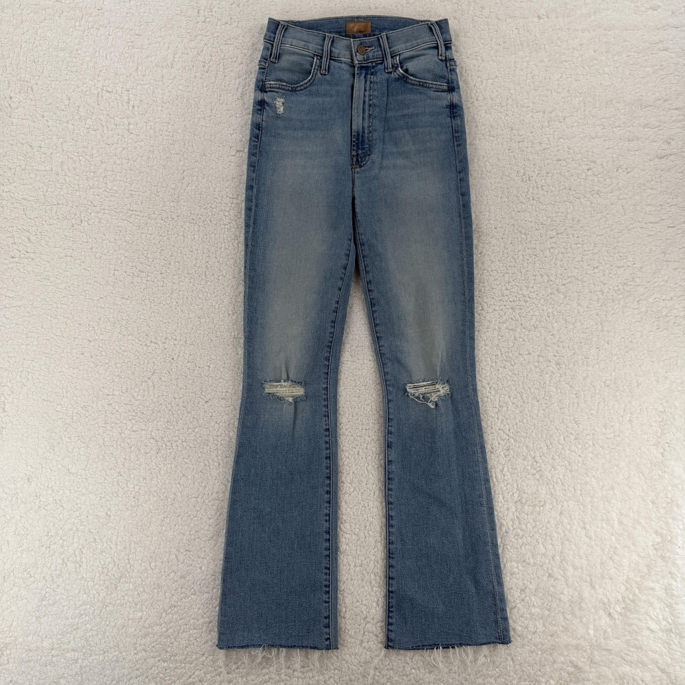 Mother Hustler Ankle Fray Jeans Womens 24‎ Blue Thrilling Shots Distressed Flare